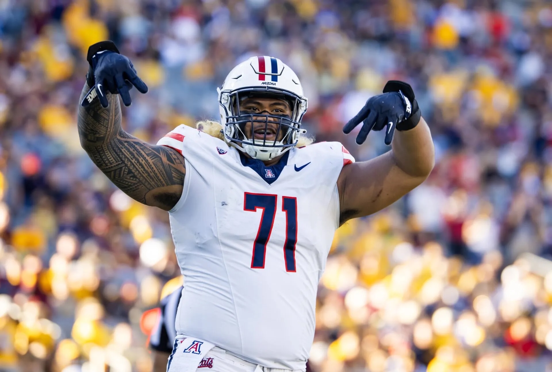 Arizona offensive lineman Jonah Savaiinaea has declared for the 2025 NFL Draft. ESPN's latest mock draft has Big Jonah as a 1st-round pick.