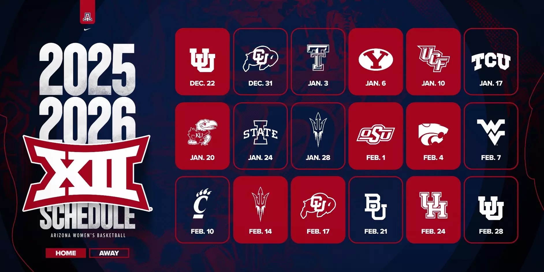 The 2025-26 Big 12 schedule has been announced for Arizona Women's Basketball. The Wildcats face Utah, Colorado, and ASU at home and away.
