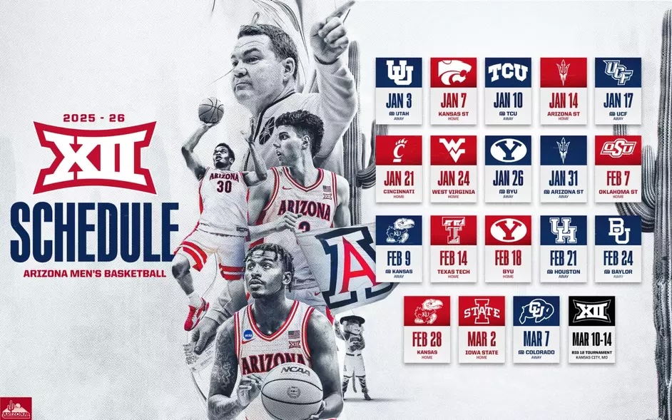 The 2025-26 Big 12 schedule has been released for Arizona Men's Basketball, featuring a loaded February against Kansas, Houston, and more.